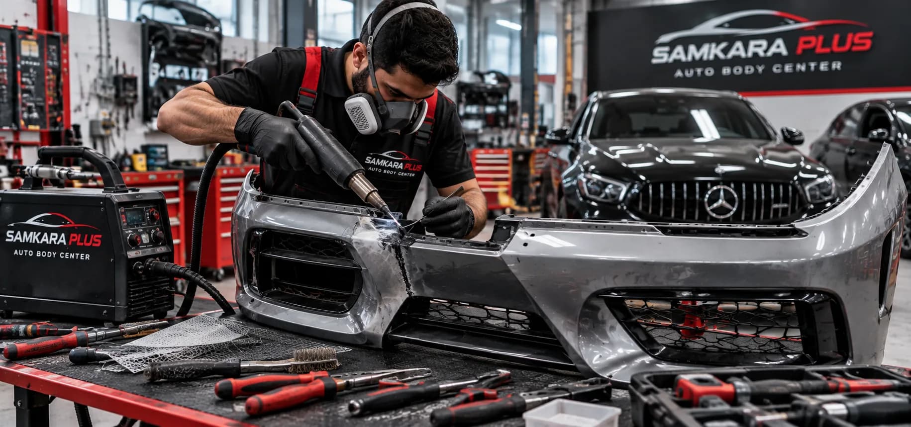 Technician plastic-welding a crack in a car bumper