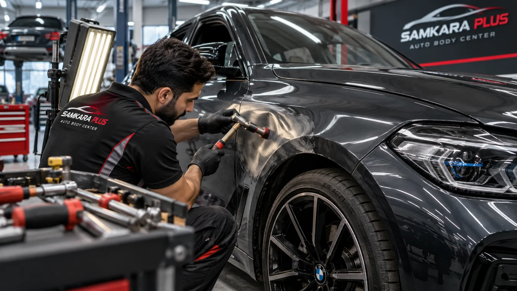 Body technician reshaping the fender of a BMW in the workshop