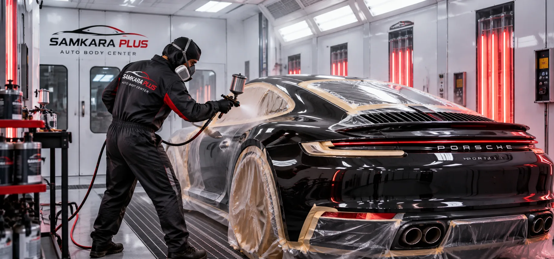 Technician in protective suit spraying paint on a Porsche inside a paint booth