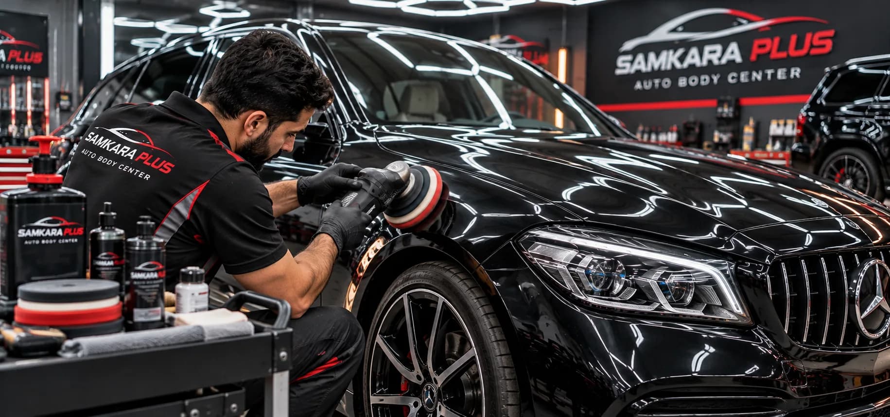 Machine polishing car paint to remove light surface scratches