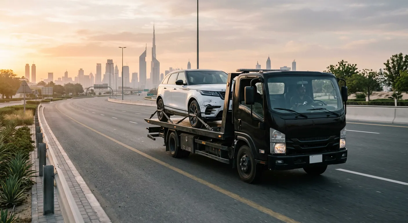 Flatbed truck transporting a damaged car on a Dubai road