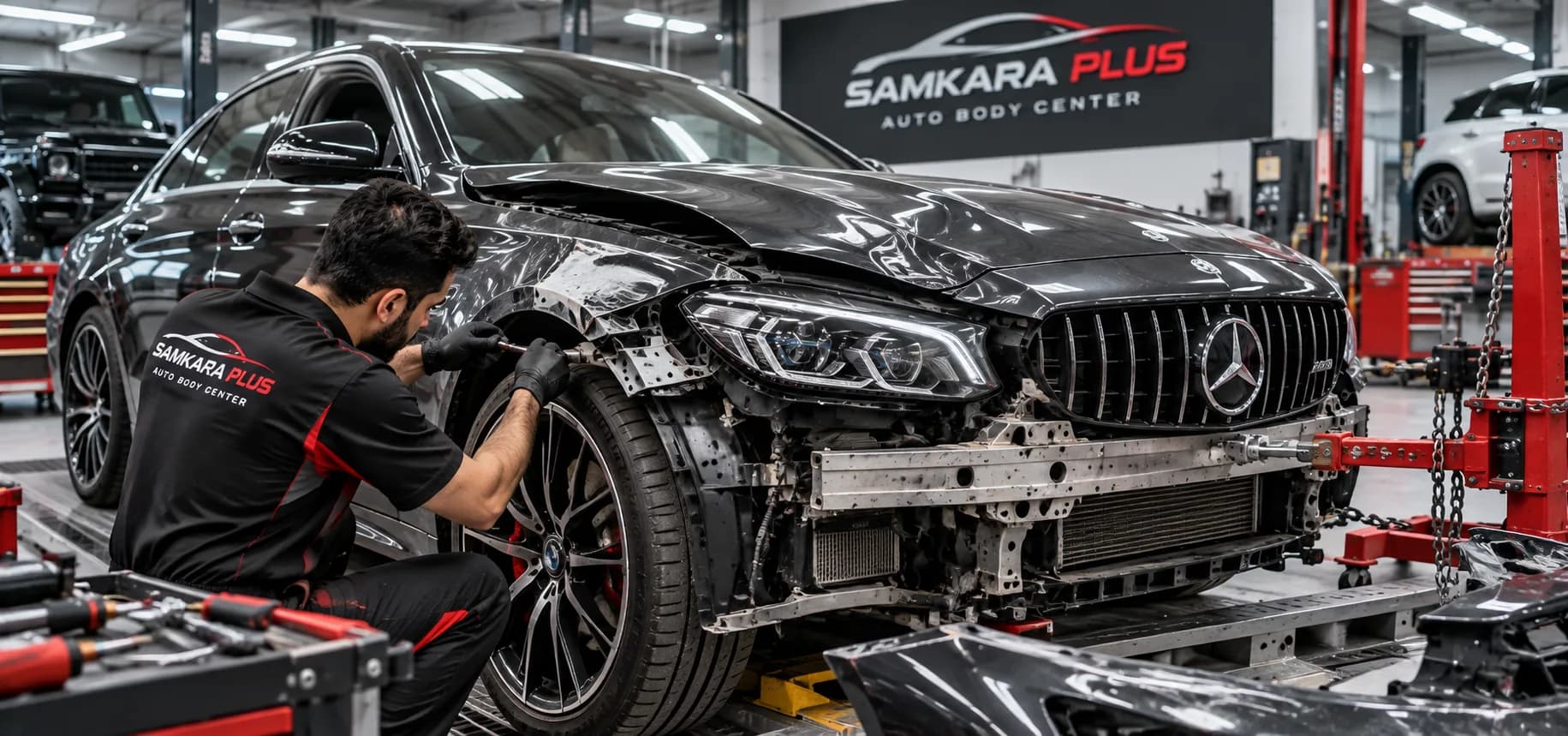 Mercedes with accident damage being assessed for body repair in the workshop