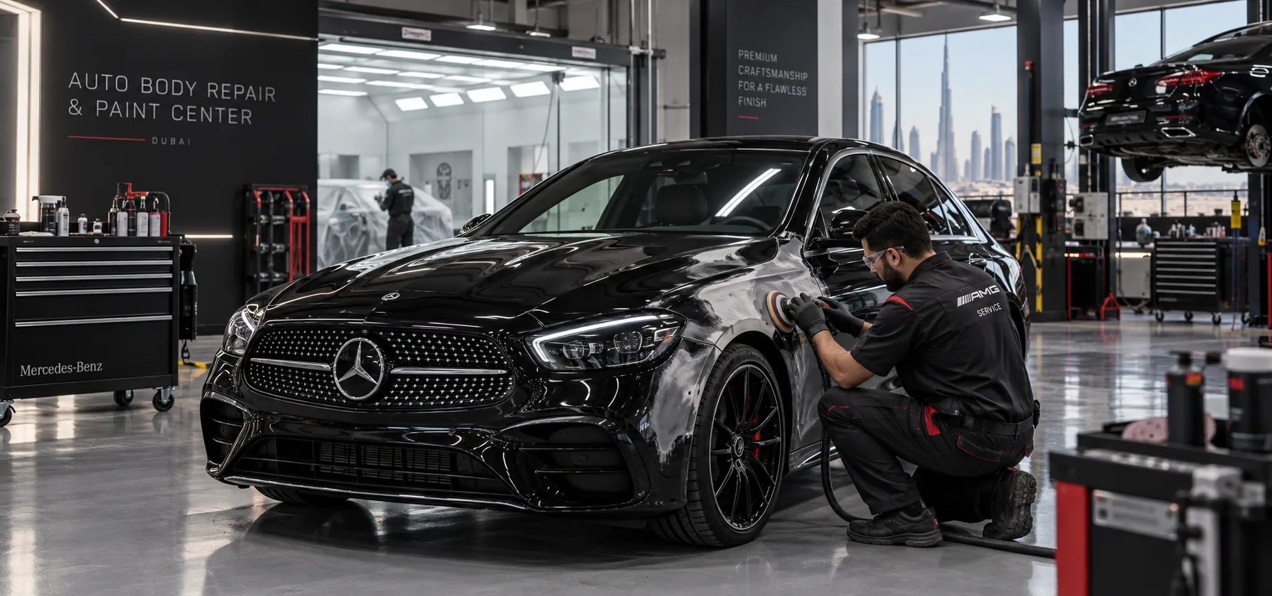 Technician polishing the body of a black Mercedes inside a modern body repair and paint workshop in Dubai