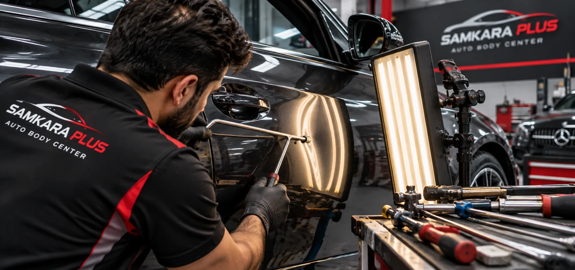 Removing a dent from a car panel using paintless dent repair (PDR)